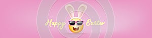 Happy easter funny horizontal banner with cartoon 3d smile face with rabbit ears and sunglasses isolated on pink