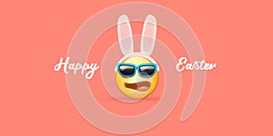 Happy easter funny horizontal banner with cartoon 3d smile face with rabbit ears and sunglasses isolated on pink