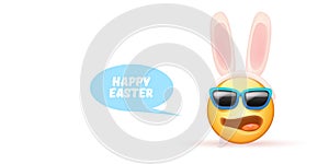 Happy easter funny horizontal banner with cartoon 3d smile face with rabbit ears and sunglasses isolated on white