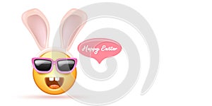 Happy easter funny horizontal banner with cartoon 3d smile face with rabbit ears and sunglasses isolated on white