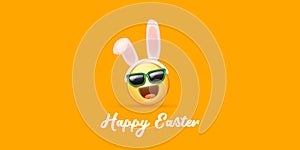 Happy easter funny horizontal banner with cartoon 3d smile face with rabbit ears and sunglasses isolated on yellow