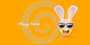 Happy easter funny horizontal banner with cartoon 3d smile face with rabbit ears and sunglasses isolated on yellow