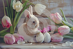 Happy easter furnishings Eggs Verbena blooms Basket. White crucifixion Bunny aegean blue. whimsical background wallpaper