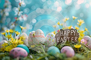 Happy easter Garden bed Eggs Easter egg hunt games Basket. White easter basket Bunny Easter greetings Easter celebration