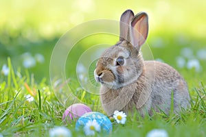 Happy easter garden decor Eggs Easter joy Basket. White Gathering Bunny abstinence. Skittish background wallpaper photo