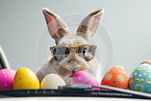 Happy easter garden Eggs Easter Brunch Basket. White fable Bunny trickster. festooned background wallpaper photo