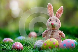 Happy easter garden Eggs Pastel Party Basket. White striking Bunny easter card. Eggcellent adventure background wallpaper