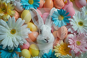 Happy easter Garden flower Eggs Easter spirit Basket. White red maple Bunny floppy ears. Easter lamb background wallpaper