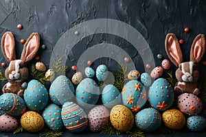 Happy easter Garden fresh bloom Eggs Easter festivity Basket. White red Bunny Chocolate. Easter spirit background wallpaper