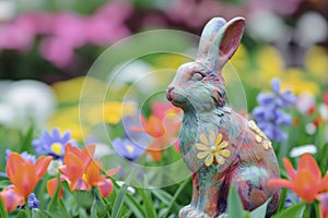 Happy easter garden gate Eggs Rebirth Basket. Easter Bunny badge cheerful. Hare on meadow with red oak easter background wallpaper