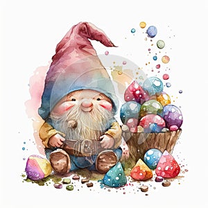 Happy Easter garden gnome with a basket of Easter eggs, watercolor Generative ai illustration isolated on white