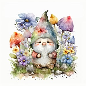 Happy Easter garden gnome with a spring flowers, watercolor Generative ai illustration isolated on white