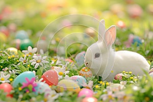 Happy easter Garnet Eggs Pastel aqua blue Basket. Easter Bunny jade jovial. Hare on meadow with crest easter background wallpaper