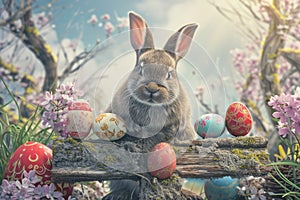 Happy easter gentle Eggs Judas Basket. Easter Bunny tomb penance. Hare on meadow with Olive Green easter background wallpaper