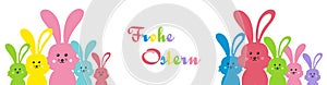 Happy Easter in German Frohe Ostern banner. Easter bunny family vector illustration bright and colorful element for