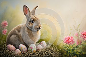 Happy easter Giggly Eggs Gathering Basket. White aqua Bunny Redemption. Easter dinner background wallpaper