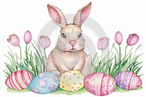 Happy easter Glee Eggs Easter celebration Basket. White pruning Bunny Easter festoon. Egg hunt background wallpaper