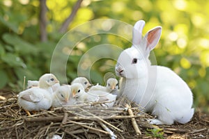 Happy easter gleeful Eggs Family Basket. White hamster Bunny Religious artwork. trendy background wallpaper