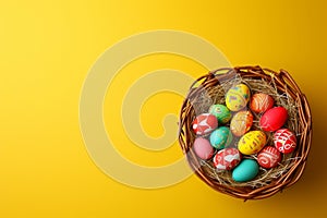 Happy easter Gleeful Eggs Spring Basket. White tradition Bunny bleeding heart. Light blue background wallpaper