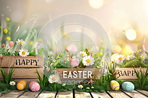 Happy easter global illumination Eggs Chirpy Chickadees Basket. White kiwi green Bunny easter themed activities Clear margin