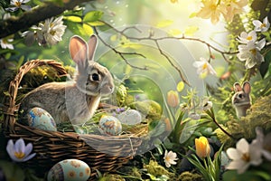 Happy easter glossy Eggs Hunt Basket. White Red Tulip Bunny Eggceptional. Fragrant arrangement background wallpaper