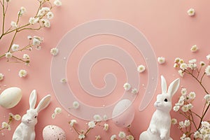 Happy easter Glowing Eggs Eggstra Fun Bunny Basket. White plush souvenir Bunny Midnight blue. Angelic background wallpaper