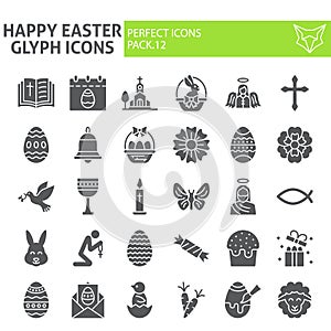 Happy easter glyph icon set, spring holiday symbols collection, vector sketches, logo illustrations, christian