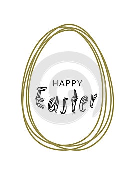 Happy Easter. Gold scribble egg frame isolated on white background. Retro holiday easter badge