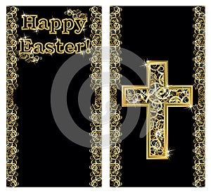 Happy Easter golden banners with cross, vector
