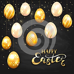 Happy Easter and golden eggs on black chalkboard background