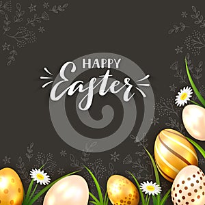 Happy Easter with Golden Eggs and Flowers on Black Background