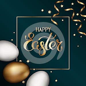 Happy easter in golden frame. Close up of gold and white easter eggs on dark background with golden serpentine and confetti