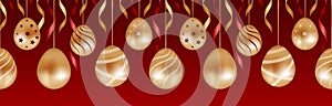 Happy easter. Golden and red, garland of chocolate eggs with stars and stripes, ribbons. Seamless border. Vector