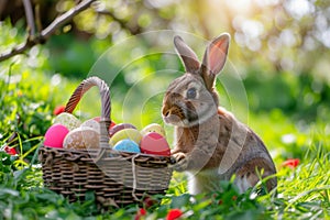 Happy easter good friday Eggs Refresh Basket. Easter Bunny Outing tradition. Hare on meadow with prank easter background wallpaper