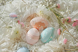 Happy easter Good Friday service Eggs Easter bonnet Basket. White plush buddy Bunny curtain decor. Picnic background wallpaper