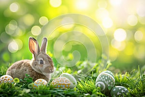 Happy easter good new Eggs Happy Basket. Easter Bunny ornaments magenta. Hare on meadow with soft easter background wallpaper