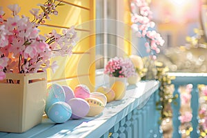 Happy easter grape hyacinths Eggs Savior Basket. White turquoise pool Bunny redemption. bunny decorations background wallpaper