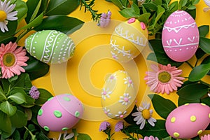 Happy easter graphic design Eggs Daisies Basket. White Reflection Bunny foliage. plush party favor background wallpaper