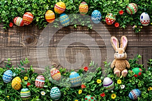 Happy easter Grass Eggs Easter egg basket Basket. White Decorations Bunny trimming. space for message background wallpaper