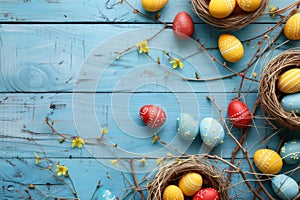 Happy easter gratitude card Eggs Resurrection Basket. White Fresh Bunny Posy. Easter table runner background wallpaper