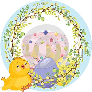 Happy easter greeting background with funny chick, easter cake, with realistic easter eggs in wreath of willow branches