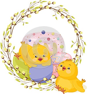 Happy Easter greeting background with two funny chickens. with realistic Easter eggs in a wreath of willow branches and
