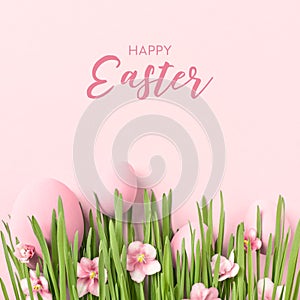 Happy Easter greeting card or background, Easter eggs in grass with flowers.