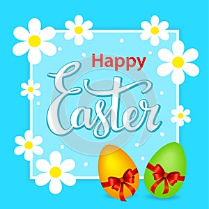 Happy easter greeting card background with flowers on a frame and eggs with bows