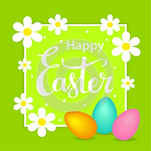 Happy easter greeting card background with flowers on a frame, eggs and hand lettering