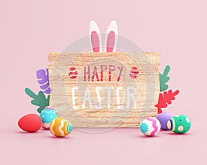 Happy Easter greeting card background, wooden sign, rabbit ears and painted eggs in pastel colors. Colorful modern cartoon style.