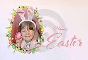 Happy Easter greeting card or banner with text and cute kid smiling and winking with bunny ears inside of a egg frame. Holiday