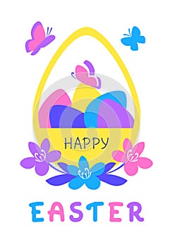 Happy Easter greeting card with basket full of eggs, with flowers and butterflies on white background