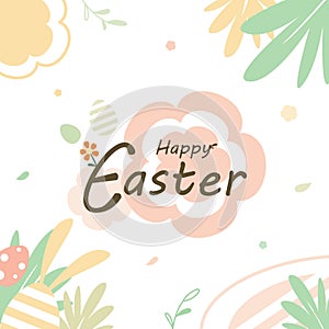 Happy Easter greeting card card design on white  background decorated colorful Eggs, floral and leaves flat vector illustration