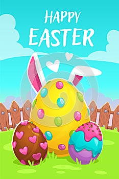 Happy Easter greeting card in cartoon style